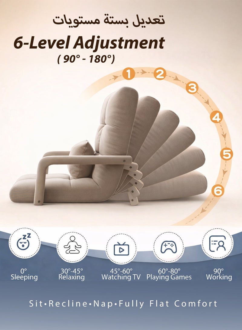 Toshionics Adjustable Floor Chair with Back Support and Armrests – 6-Position Folding Lazy Sofa Recliner with Pillow, Ergonomic Meditation and Gaming Chair, Padded Floor Seating Couch (Beige, 150kg Capacity) - Image 2