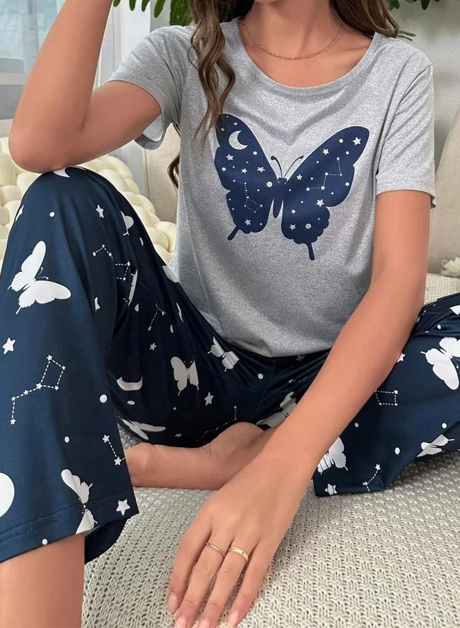 Take Two Grey Butterfly Print T-Shirt and Pyjama Set