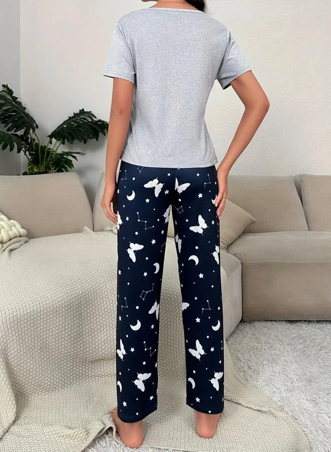 Take Two Grey Butterfly Print T-Shirt and Pyjama Set
