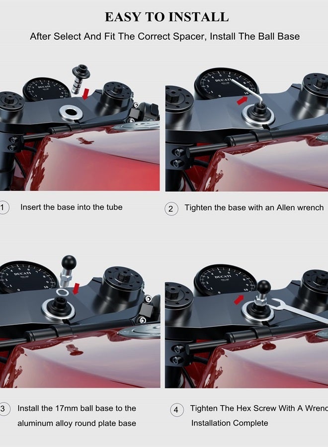 BRCOVAN قاعدة تثبيت ساق دراجة نارية معدنية مع كرة TPU بحجم 17 مم للساق 12 مم إلى 25.4 مم في القطر، متوافقة مع قواعد GPS من Garmin وحامل الهاتف للدراجات النارية مع مقبس كرة بحجم 17 مم - Image 2