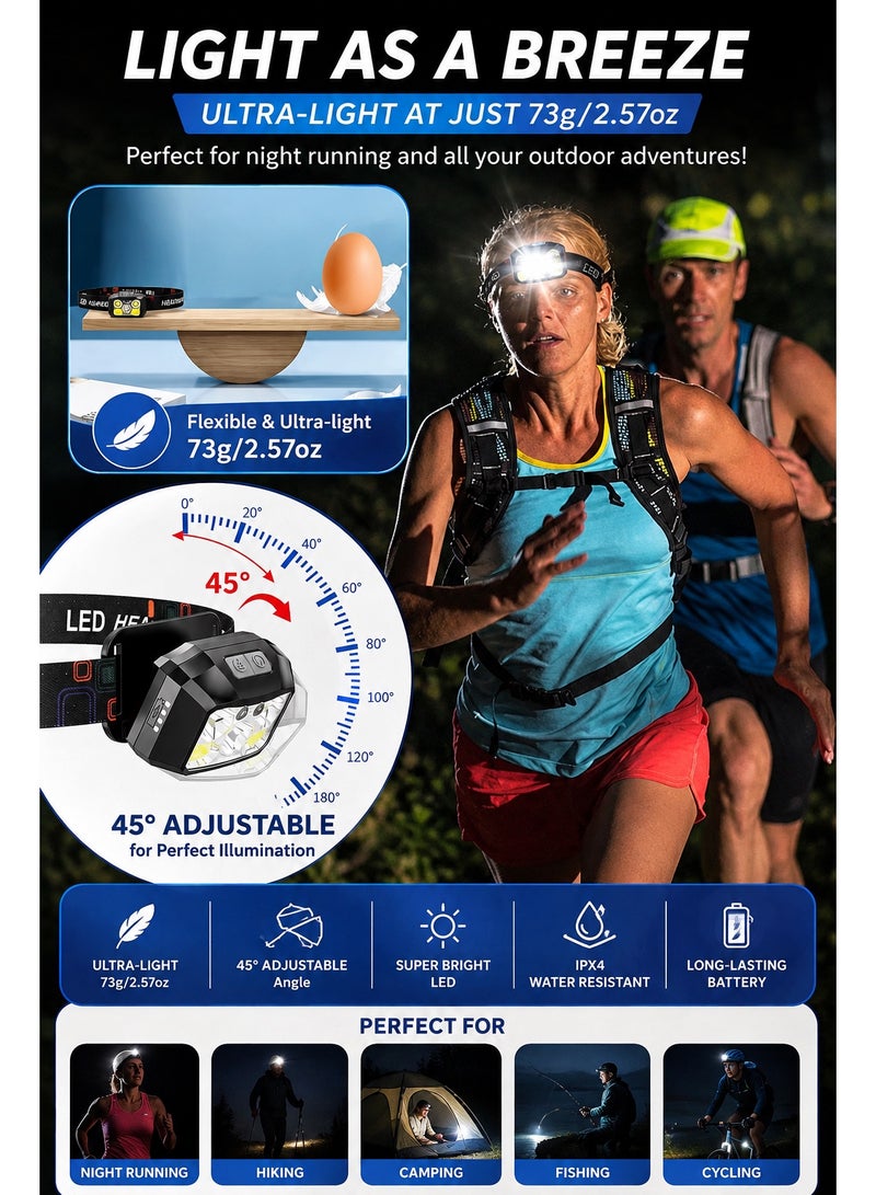 QLIGHT (2PACK) Rechargeable LED Headlamps , 800 Lumens Headlight, IPX4 Waterproof, 6 Modes, Red & White Light — Lightweight Head lamp, Adjustable Headlamp for Camping, Hiking, Running, Fishing & Repairs - Image 3