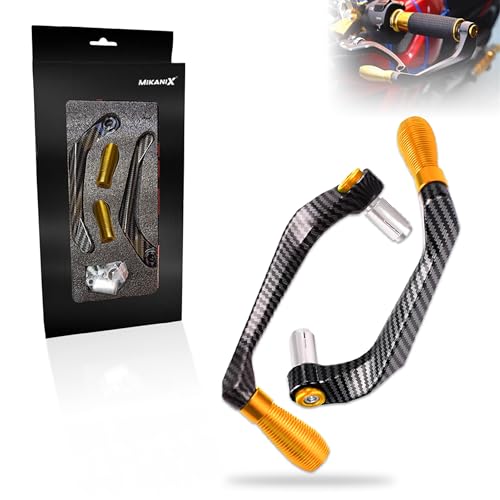OBEROI'S TRADERS Carbon Finish CNC Aluminum Universal Motorcycle Lever Guard | Handle Bar End Brake Clutch Lever Protective Guards | Hand Guards for All Bikes (Golden) - Image 1