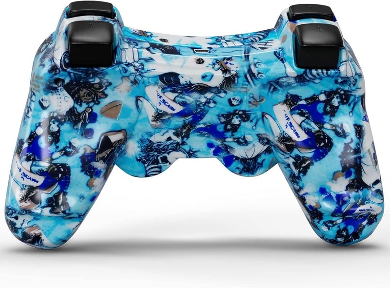 CHENGDAO جهاز تحكم CHENGDAO لـ PS3، حزمة مزدوجة من أجهزة التحكم اللاسلكية لـ PlayStation 3 6-Axis مع اهتزاز مزدوج عالي الأداء، تحكم حركي، كابل شحن USB (جمجمة + أزرق) - Image 5