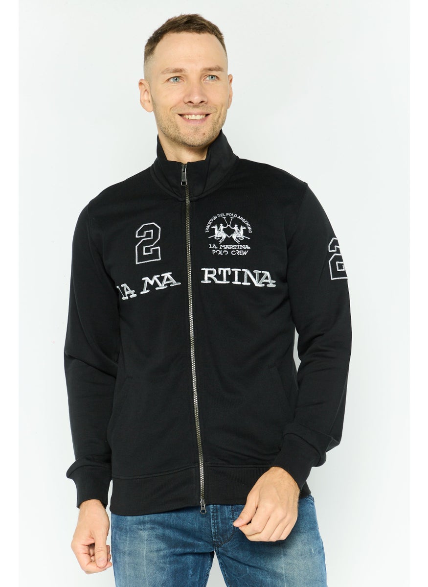 La Martina Men Mock Neck Brand Logo Long Sleeve Sweatshirt, Black  - Image 1