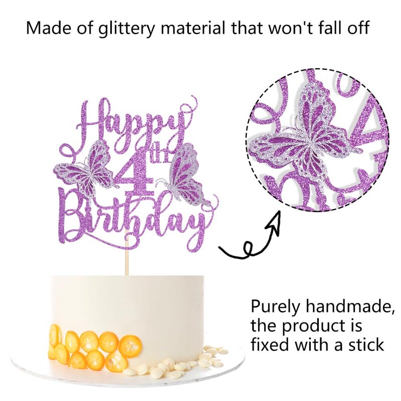 Kaoenla Butterfly Happy 4th Birthday Cake Topper-Glitter 3D Butterfly theme 4th/four Birthday/Anniversary party Cake Decor (4  Purple) - Image 5