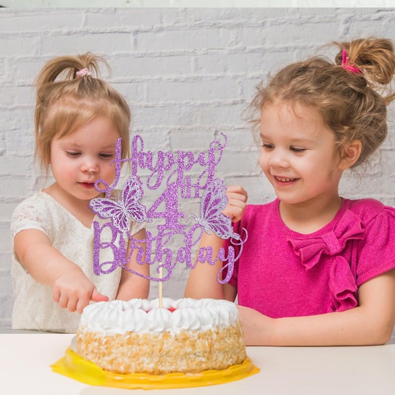 Kaoenla Butterfly Happy 4th Birthday Cake Topper-Glitter 3D Butterfly theme 4th/four Birthday/Anniversary party Cake Decor (4  Purple) - Image 3
