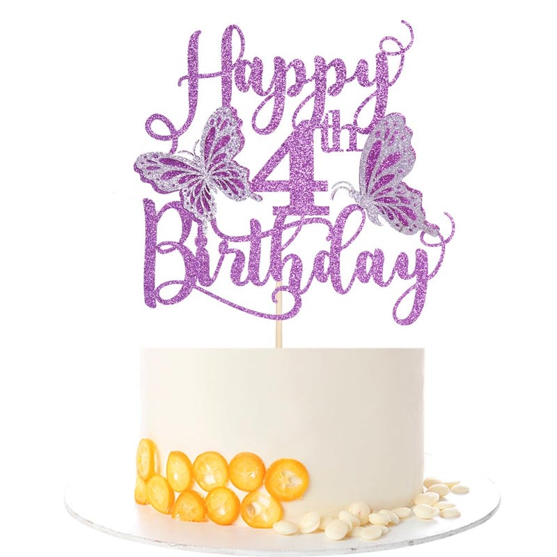 Kaoenla Butterfly Happy 4th Birthday Cake Topper-Glitter 3D Butterfly theme 4th/four Birthday/Anniversary party Cake Decor (4  Purple) - Image 1