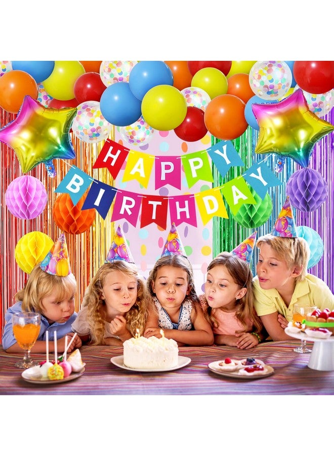 ZERODECO ZERODECO Rainbow Birthday Decorations, Multicoloured Fringe Backdrop Happy Birthday Banner Honeycomb Balls Pompoms Foil Balloons for Kid Baby Boy Girl Colorful Birthday Party Decorations  - Image 2
