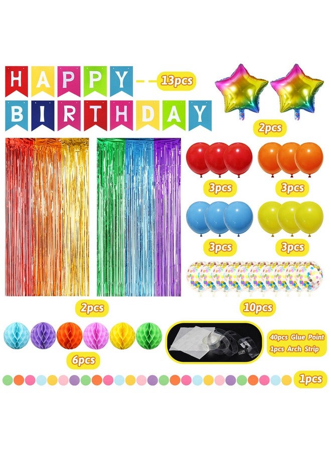 ZERODECO ZERODECO Rainbow Birthday Decorations, Multicoloured Fringe Backdrop Happy Birthday Banner Honeycomb Balls Pompoms Foil Balloons for Kid Baby Boy Girl Colorful Birthday Party Decorations  - Image 3