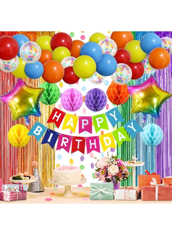 ZERODECO ZERODECO Rainbow Birthday Decorations, Multicoloured Fringe Backdrop Happy Birthday Banner Honeycomb Balls Pompoms Foil Balloons for Kid Baby Boy Girl Colorful Birthday Party Decorations  - Image 1