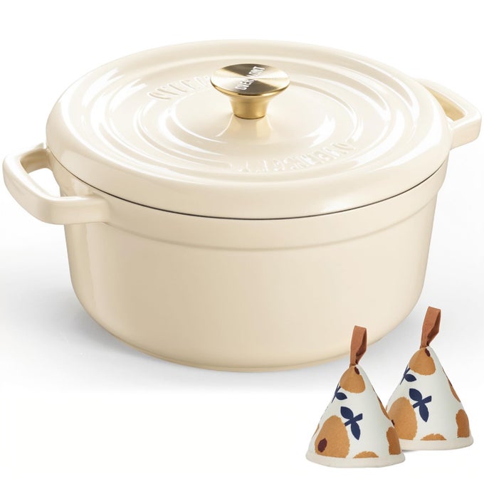 ENAMELED CAST IRON DUTCH OVEN 5QT POT WITH LID COOKBOOK COTTON POTHOLDERS HEAVYDUTY COOKWARE FOR BRAISING STEWS ROASTING BREAD BAKING WHITE