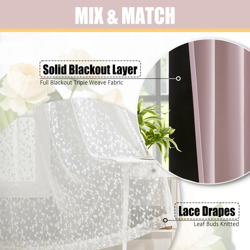 Jubilantex Pink Mix Matched Curtain Set Leaf Sheer Lace Panel & Solid Blackout Curtains for Nursery Room Darkening Window Treatment Set for Bedroom Girl's Room Grommet Top Design, 52" W x 95" L,Pink & White - Image 5