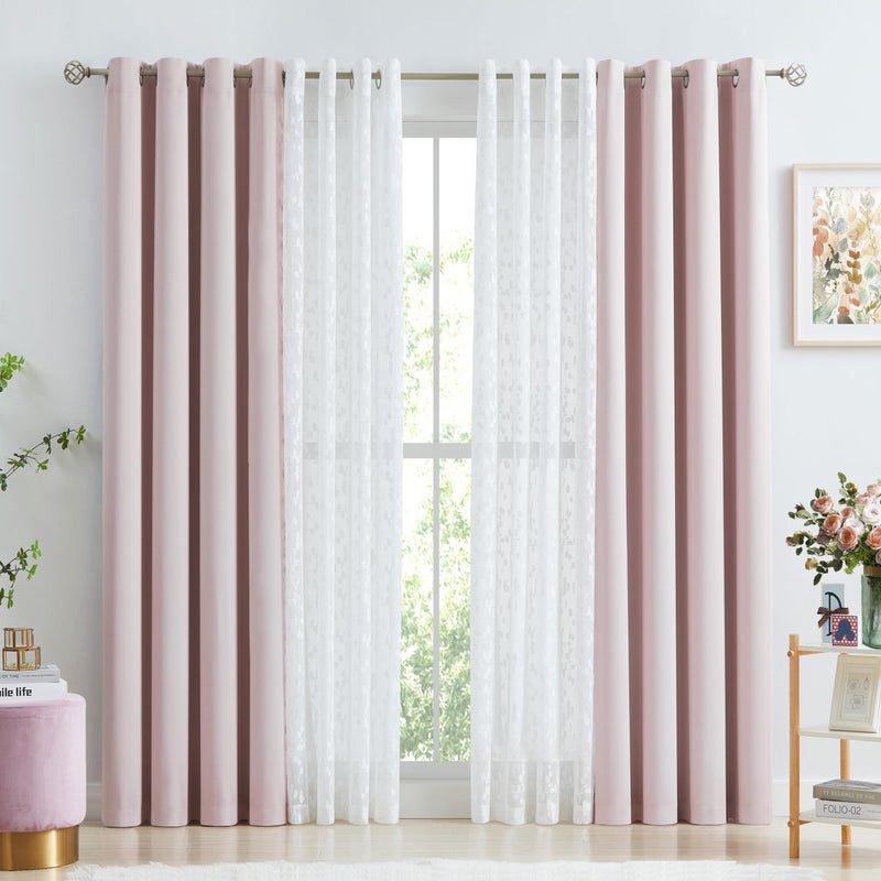 Jubilantex Pink Mix Matched Curtain Set Leaf Sheer Lace Panel & Solid Blackout Curtains for Nursery Room Darkening Window Treatment Set for Bedroom Girl's Room Grommet Top Design, 52" W x 95" L,Pink & White - Image 1