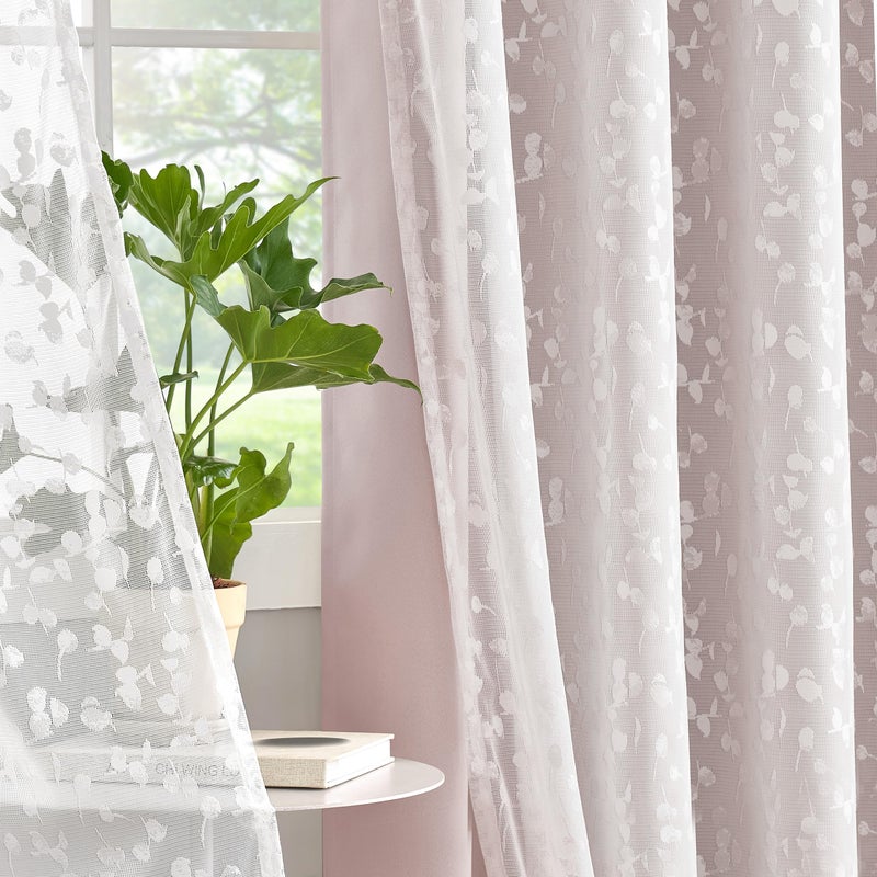 Jubilantex Pink Mix Matched Curtain Set Leaf Sheer Lace Panel & Solid Blackout Curtains for Nursery Room Darkening Window Treatment Set for Bedroom Girl's Room Grommet Top Design, 52" W x 95" L,Pink & White - Image 4