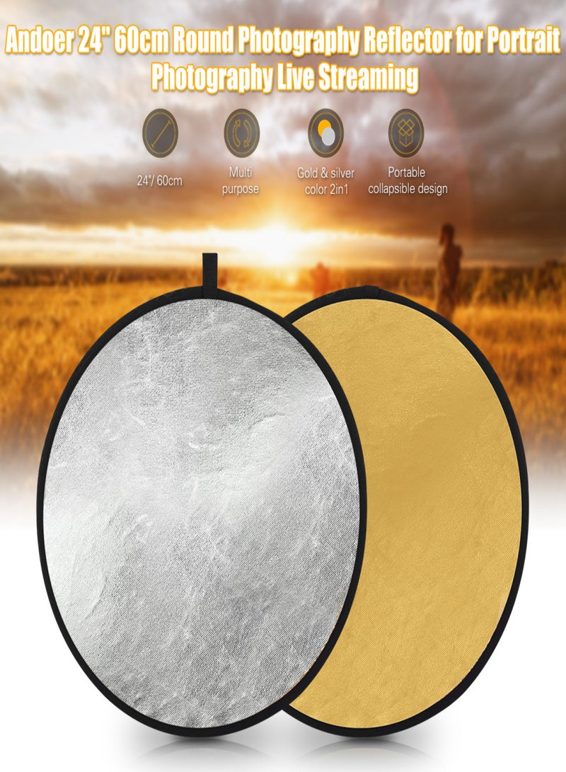 ANDOER 24" 60cm Portable Collapsible Disc Light Reflector Photography Reflector Gold and Silver 2-in-1 for Portrait Photography Live Streaming  - Image 1