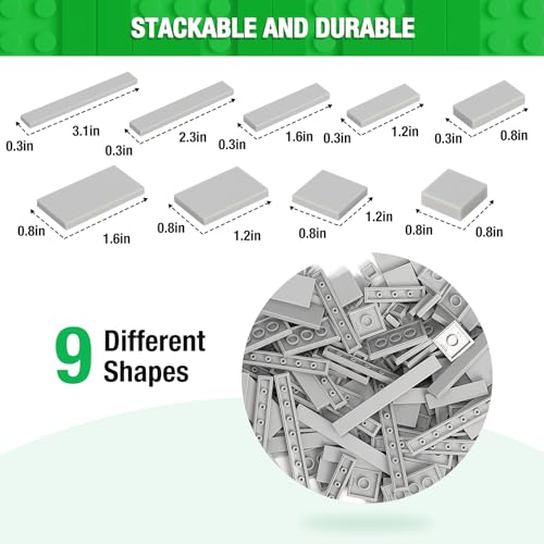 MANNIDOO Classic Moc 9 Sizes Expansion Set  1200 Flat Pieces Compatible with Lego Light Grey - Image 5