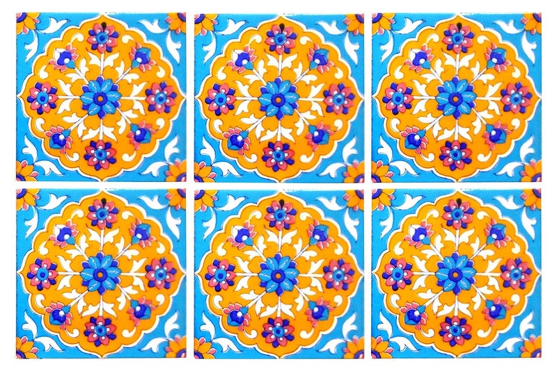 Shiv Kripa Blue Pottery Shiv Kripa Blue Pottery Home Decor Moroccan Blue Pottery Ceramic Handmade Painted Wall Tiles 6 x 6 Inch Set of 6 Tiles Sky Blue Multi 
