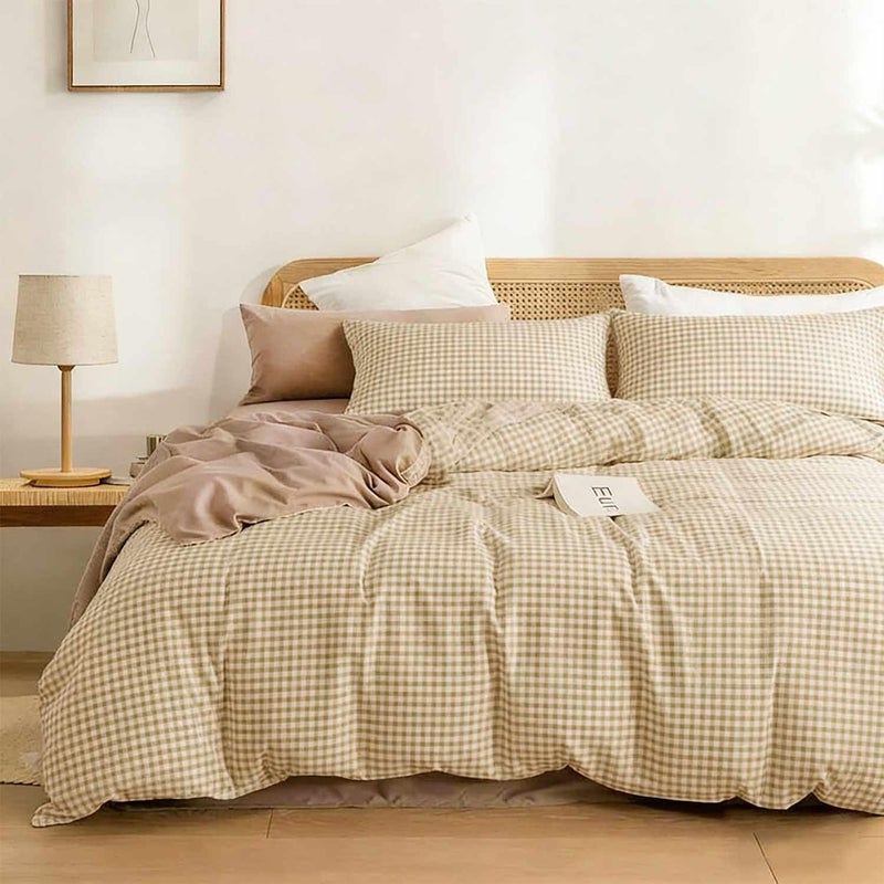 ETDIFFE Tan Grid Duvet Cover Set Queen Size, 3 Piece Farmhouse Buffalo Check Gingham Geometric Pattern Printed Microfiber Comforter Cover Set, Taupe Soft and Lightweight Plaid Bedding Quilt Cover - Image 1
