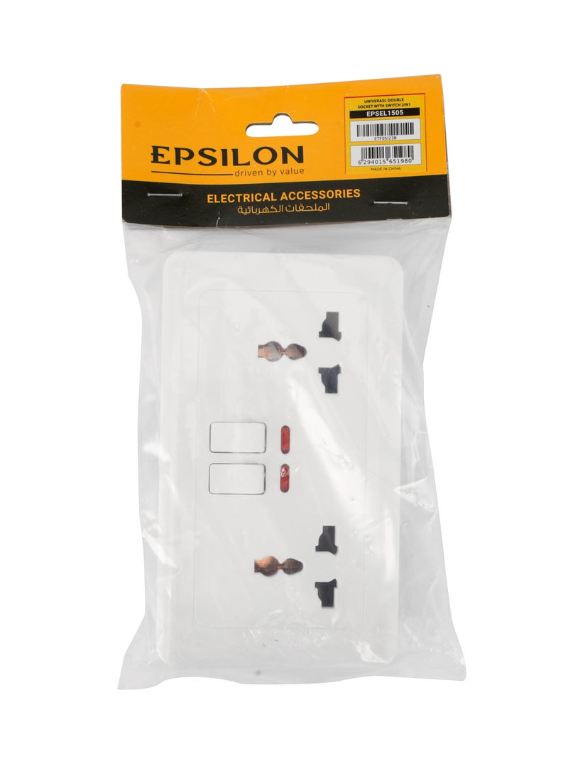 Epsilon - Universal Double Socket with 2 Switch- EPSEL1505 with Indicator Lights, Stylish and Simple Design, Perfect for Home, Bedroom, Office, etc.White - Image 1