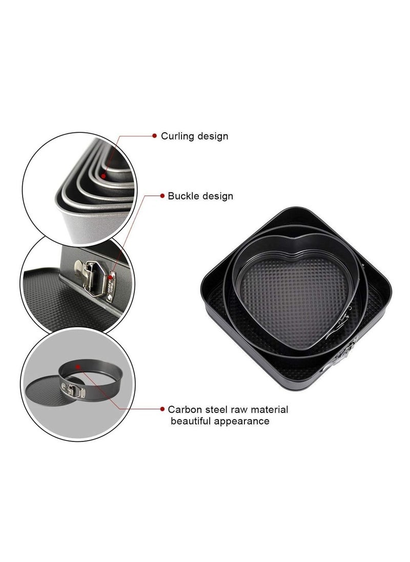 Generic - Microwave Oven Safe Teflon Coated Carbon Steel Spring Form Heart, Round, and Square Shape Cake Baking Molds Set Of 3 - Image 1