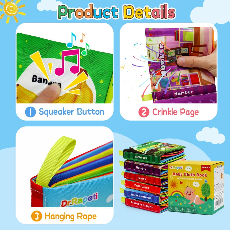 Dr.Rapeti Soft Cloth Books Baby Books Bath Books 6-Pack for Baby Infant Toddler Kids Crinkle Squeaky Washable Chewable Non-Toxic Early Educational Giftable - Image 3