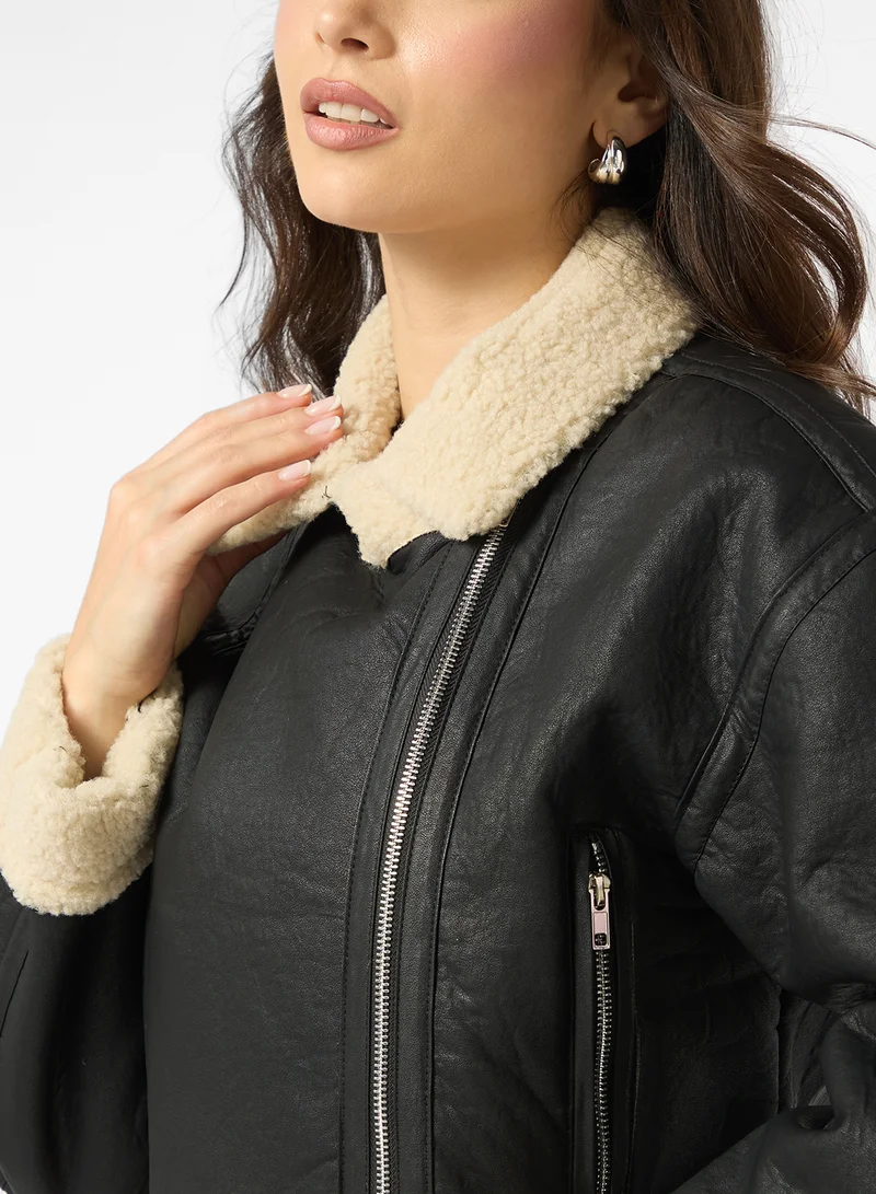 Ginger PU Leather Jacket with Borge Detail