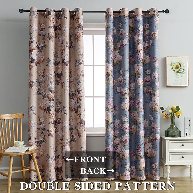 SUOUO Double Sided Patterned Vintage Floral Blackout Curtains for Bedroom 84 Inches Long Window Drapes for Living Room 2 Panels Brown and Blue - Image 3