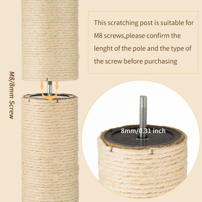 FOBSME 2 Root Cat Scratching Post Replacement 17.72x3.54 Cat Tree Scratch Post Replacement Natural Sisal Pole Cat Scratch Post Refill Pole Part with M8 Screws for Kitten Tree Tower Cat Furniture Accessories - Image 4