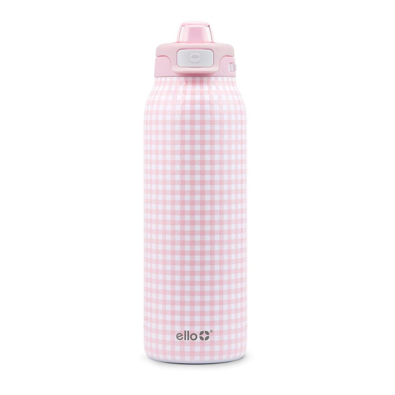 Ello Pop & Fill 32oz Stainless Steel Water Bottle with QuickFill Technology, Double Walled and Vacuum Insulated Metal, Leak Proof Locking Lid, Straw and Chug, Reusable, BPA Free, Pink Gingham - Image 1