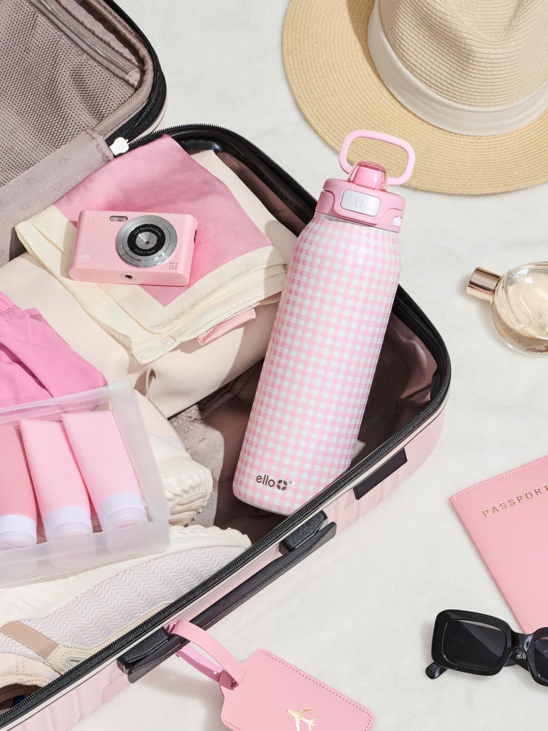 Ello Pop & Fill 32oz Stainless Steel Water Bottle with QuickFill Technology, Double Walled and Vacuum Insulated Metal, Leak Proof Locking Lid, Straw and Chug, Reusable, BPA Free, Pink Gingham - Image 2