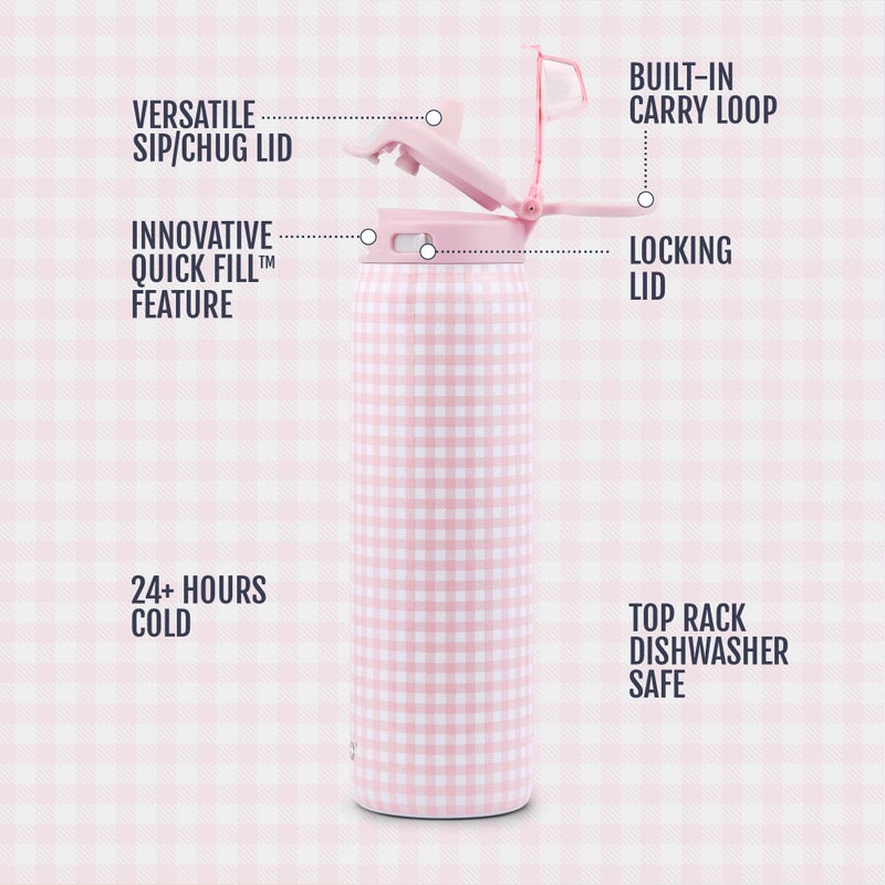 Ello Pop & Fill 32oz Stainless Steel Water Bottle with QuickFill Technology, Double Walled and Vacuum Insulated Metal, Leak Proof Locking Lid, Straw and Chug, Reusable, BPA Free, Pink Gingham - Image 4