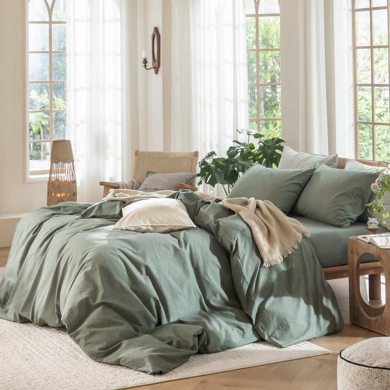 MooMee Bedding Duvet Cover Set 100% Washed Cotton Linen Like Textured Breathable Durable Soft Comfy (Heathered Green, King 104"x90") - Image 2