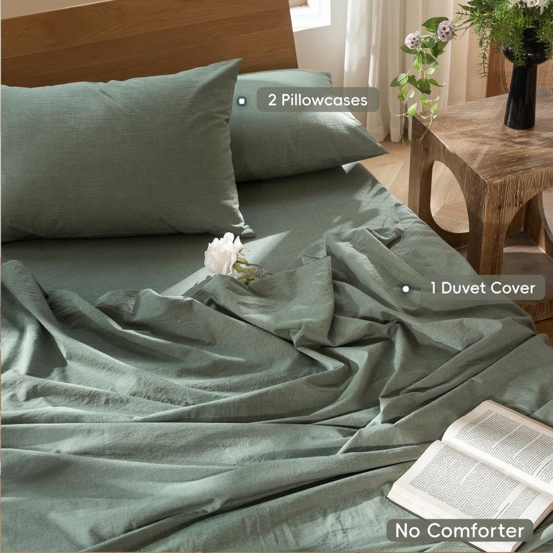 MooMee Bedding Duvet Cover Set 100% Washed Cotton Linen Like Textured Breathable Durable Soft Comfy (Heathered Green, King 104"x90") - Image 1