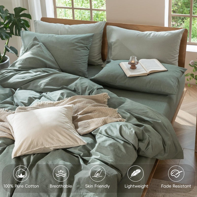 MooMee Bedding Duvet Cover Set 100% Washed Cotton Linen Like Textured Breathable Durable Soft Comfy (Heathered Green, King 104"x90") - Image 3