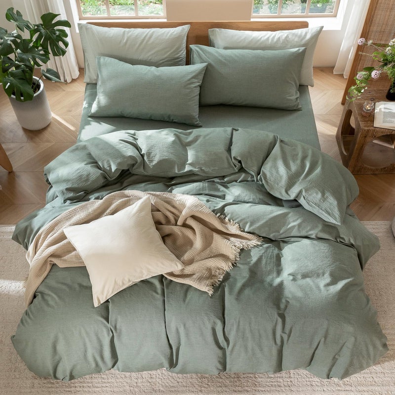 MooMee Bedding Duvet Cover Set 100% Washed Cotton Linen Like Textured Breathable Durable Soft Comfy (Heathered Green, King 104"x90") - Image 4
