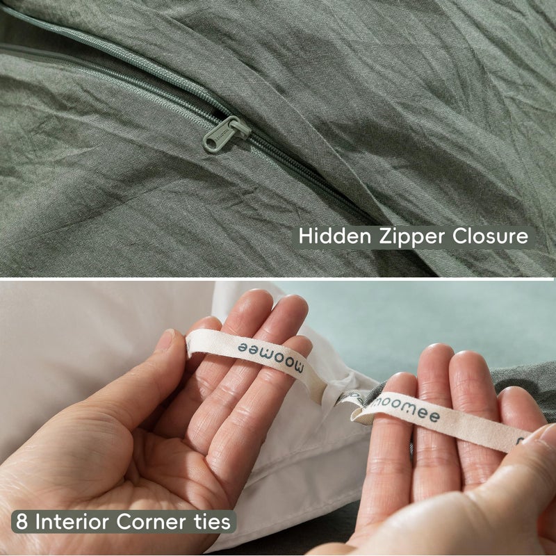 MooMee Bedding Duvet Cover Set 100% Washed Cotton Linen Like Textured Breathable Durable Soft Comfy (Heathered Green, King 104"x90") - Image 5