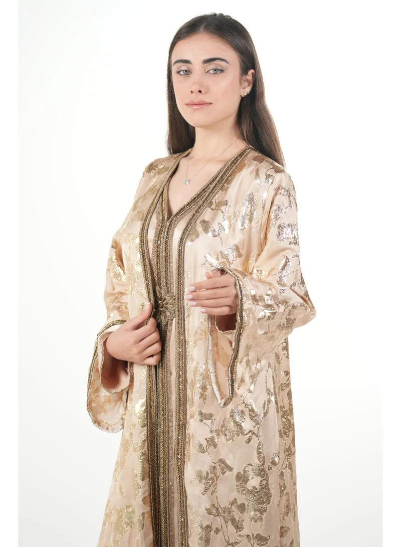 AL BENT AL SHARQIEH gold embroidered satin kaftan dress for Women | Best Price UAE