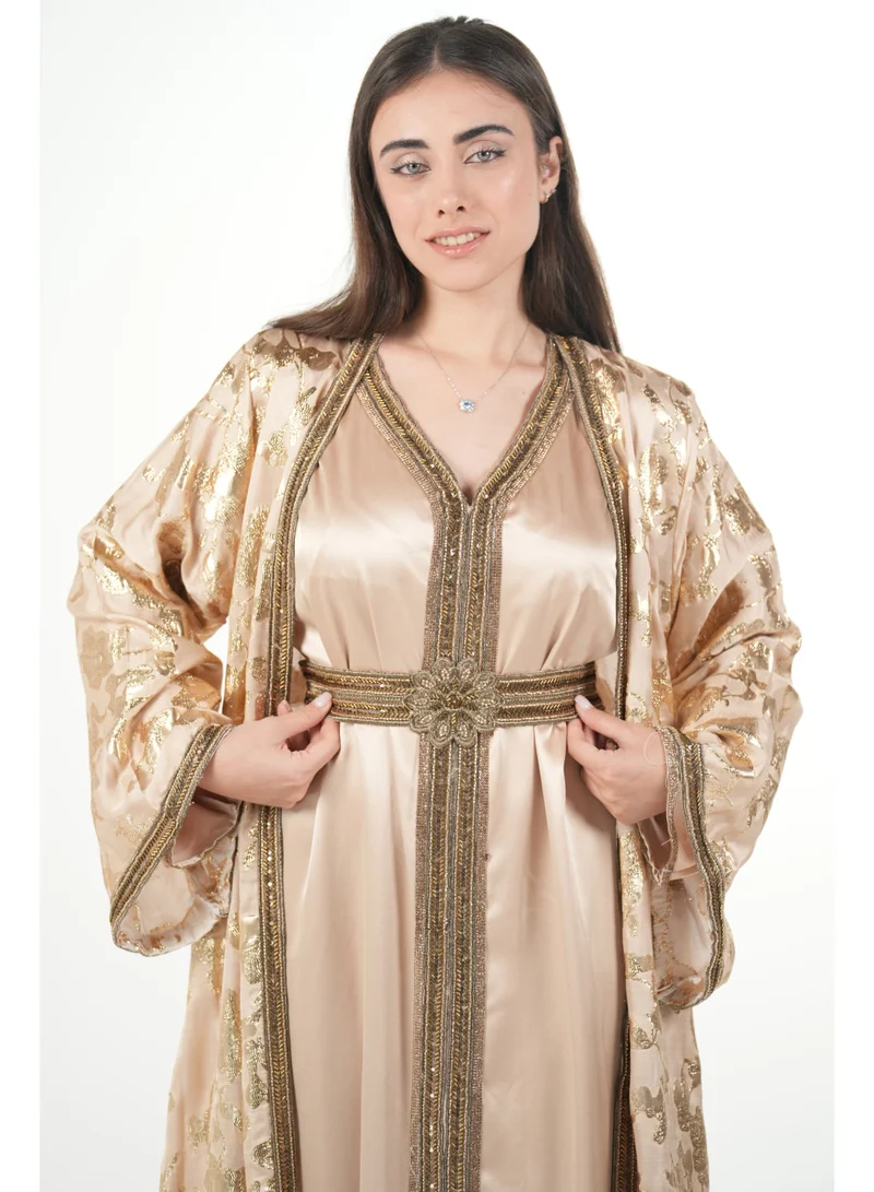 AL BENT AL SHARQIEH gold embroidered satin kaftan dress for Women | Best Price UAE
