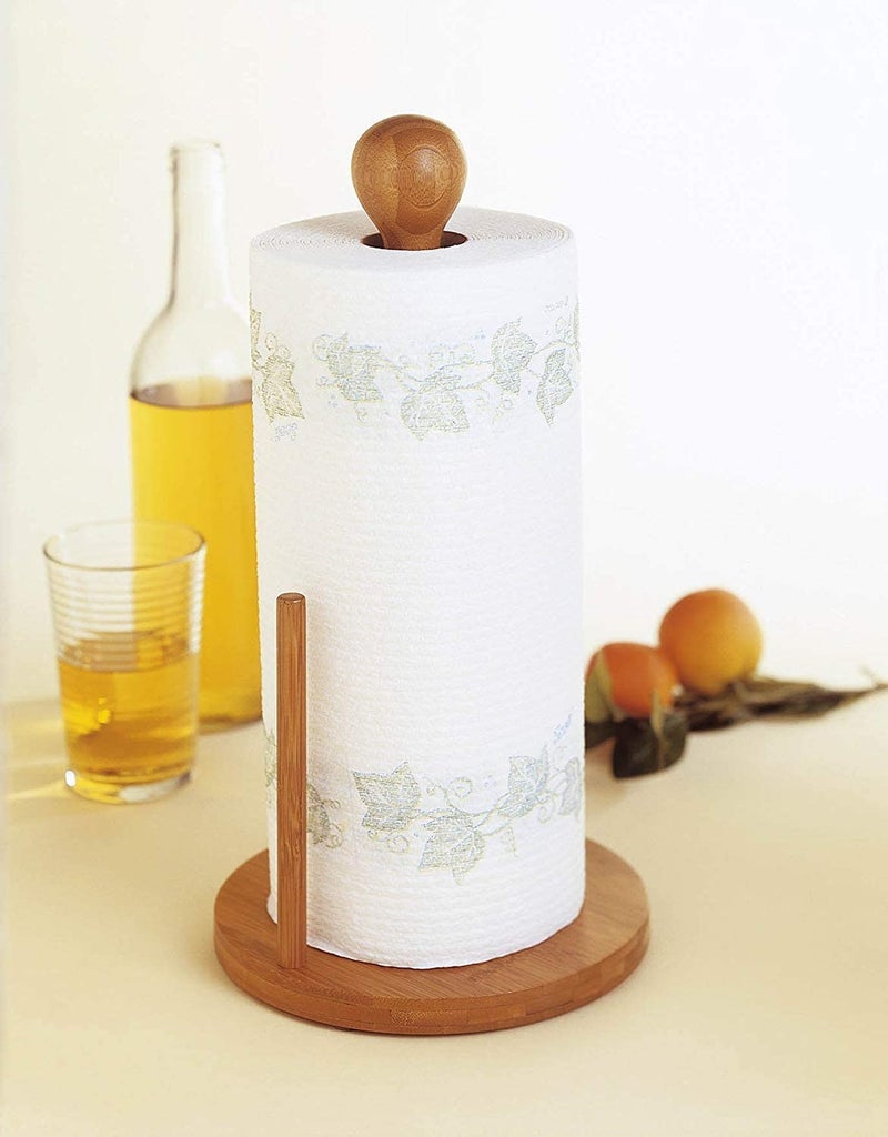 Delopik Bamboo Wood Vertical Paper Towel Holder for Kitchen Paper Roll - Image 1