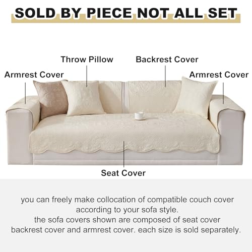 vctops Boho Cotton Quilted Couch Cover Soft Embroidered Sofa Cover NonSlip Dog Bed Cover Scalloped Sofa Slipcover Washable Furniture Protector Cover Cream28x28 - Image 3
