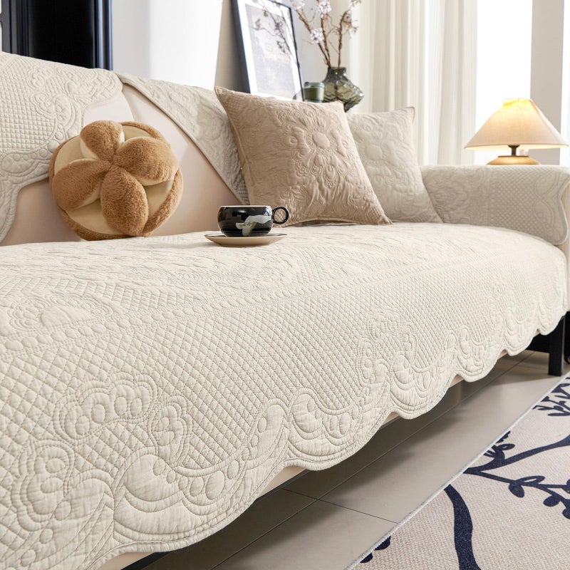 vctops Boho Cotton Quilted Couch Cover Soft Embroidered Sofa Cover NonSlip Dog Bed Cover Scalloped Sofa Slipcover Washable Furniture Protector Cover Cream28x28 - Image 2