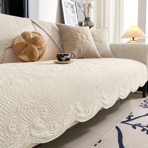 vctops Boho Cotton Quilted Couch Cover Soft Embroidered Sofa Cover NonSlip Dog Bed Cover Scalloped Sofa Slipcover Washable Furniture Protector Cover Cream28x28 - Image 1