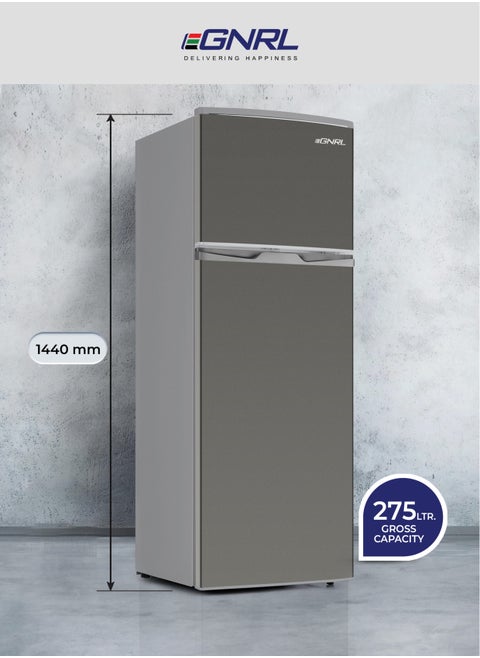 275L GROSS - 215L NET Capacity Double Door Refrigerator Dark Silver Color Defrost Recessed Handle R600A Inside Condenser EGR225S, One Year Warranty