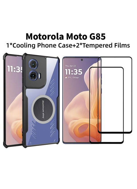 [1+2 مجموعة] جراب واقٍ للشاشة لهاتف Motorola Moto G85، جراب مغناطيسي للسيارة مع وظيفة التبريد ومقاومة السقوط، 2 غطاء مقسّى