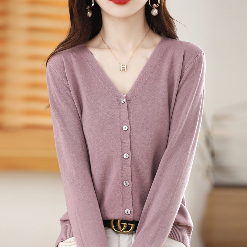 Slim Fit Versatile Knitted Women V-neck Long Sleeve Wide Knitted Coat Top Sweet Fresh Style Single Row Multi-button Lotus root purple 