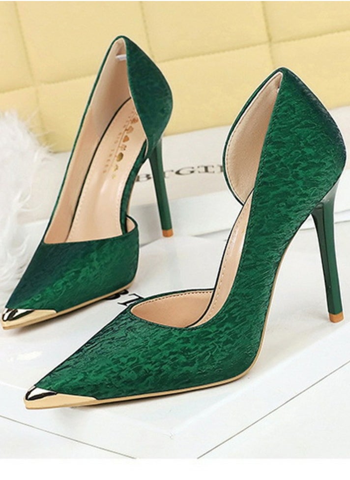 BIGTREE Women's Metal Closed Pointed Toe Party Stiletto Pumps Satin Daily High Heels 10.5CM Green  - Image 1