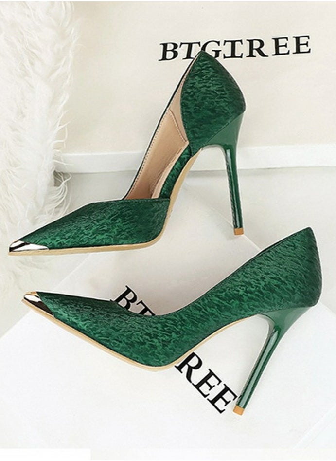 BIGTREE Women's Metal Closed Pointed Toe Party Stiletto Pumps Satin Daily High Heels 10.5CM Green  - Image 3