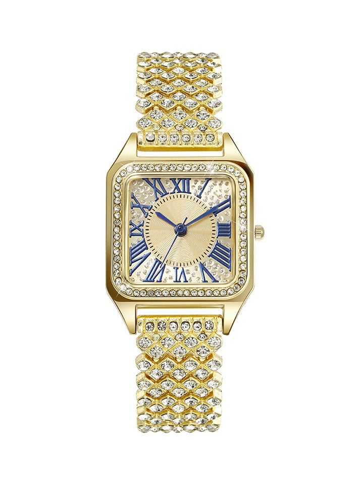 Fashionable Roman Pattern Full Diamond Square Women's Watch Ladies Watch Quartz Watch (Gold)  - Image 1