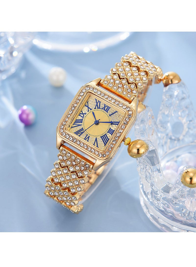 Fashionable Roman Pattern Full Diamond Square Women's Watch Ladies Watch Quartz Watch (Gold)  - Image 2