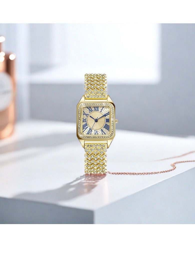 Fashionable Roman Pattern Full Diamond Square Women's Watch Ladies Watch Quartz Watch (Gold)  - Image 3
